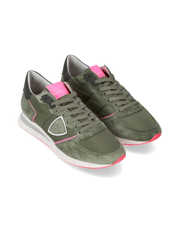 Philippe Model Flache TRPX Sneakers für Damen – Militärgrün & Neonrosa